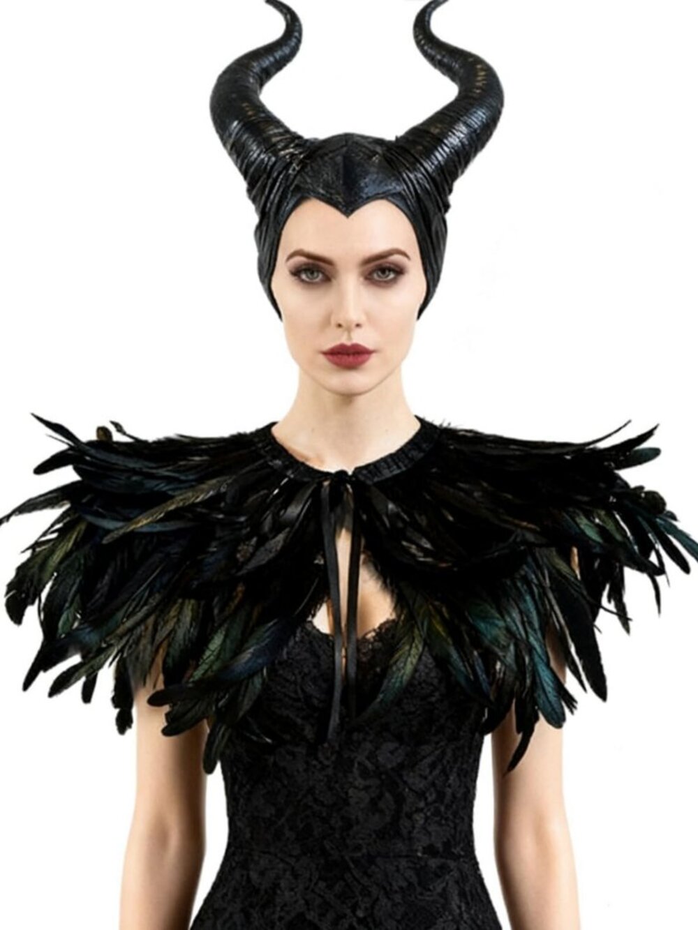 Black Feather Shawl with Horns | Halloween Cosplay Costume Accessory Set